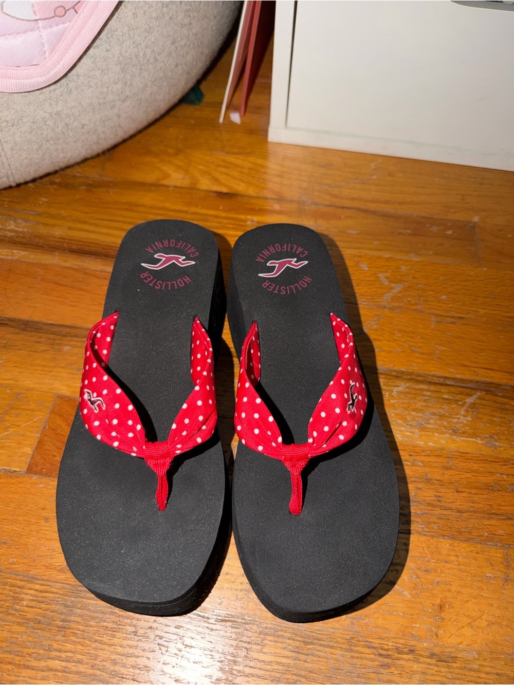 Hollister Black Wedge Flip Flops with Red Polka Dot Straps